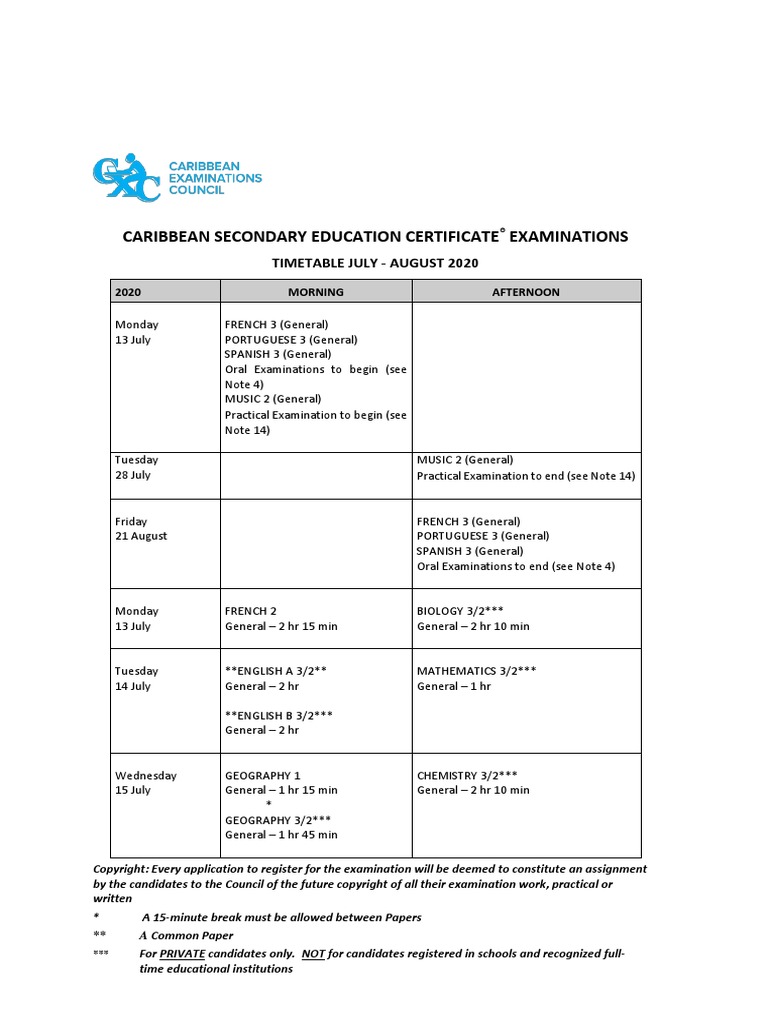 Caribbean Secondary Education Certificate Examinations: Timetable July ...