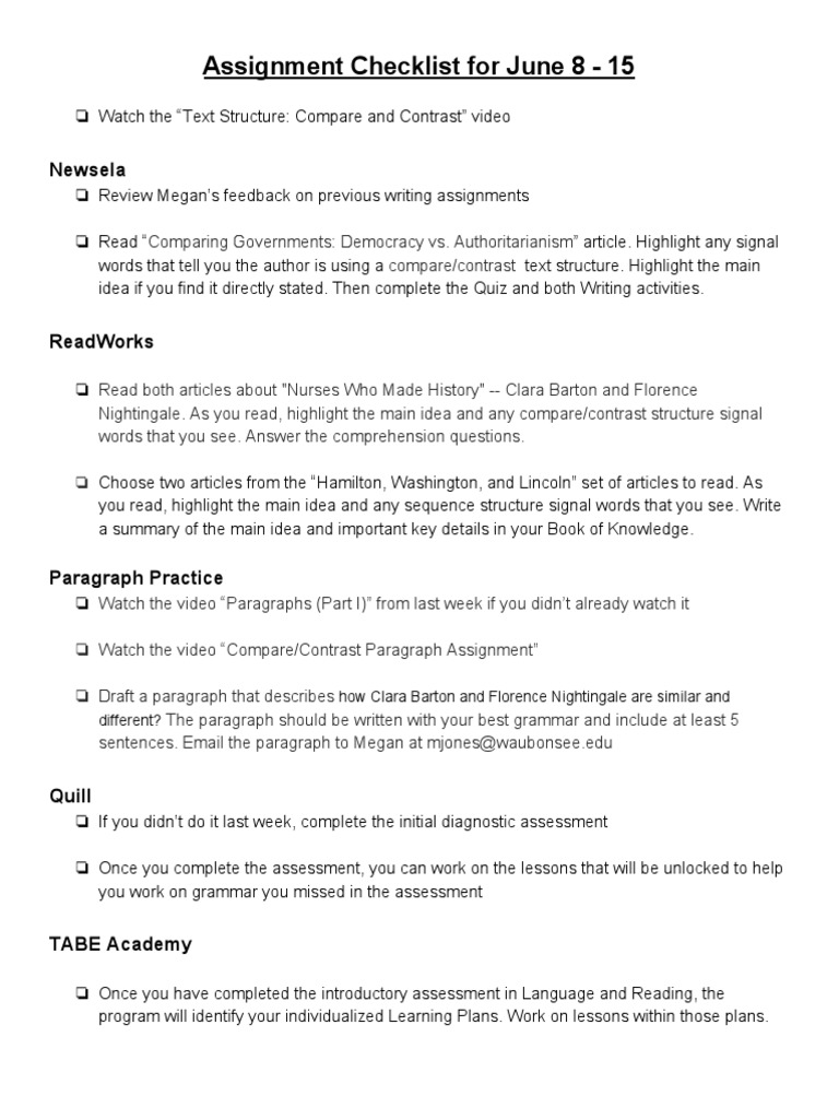 Assignment Checklist For June 8 15