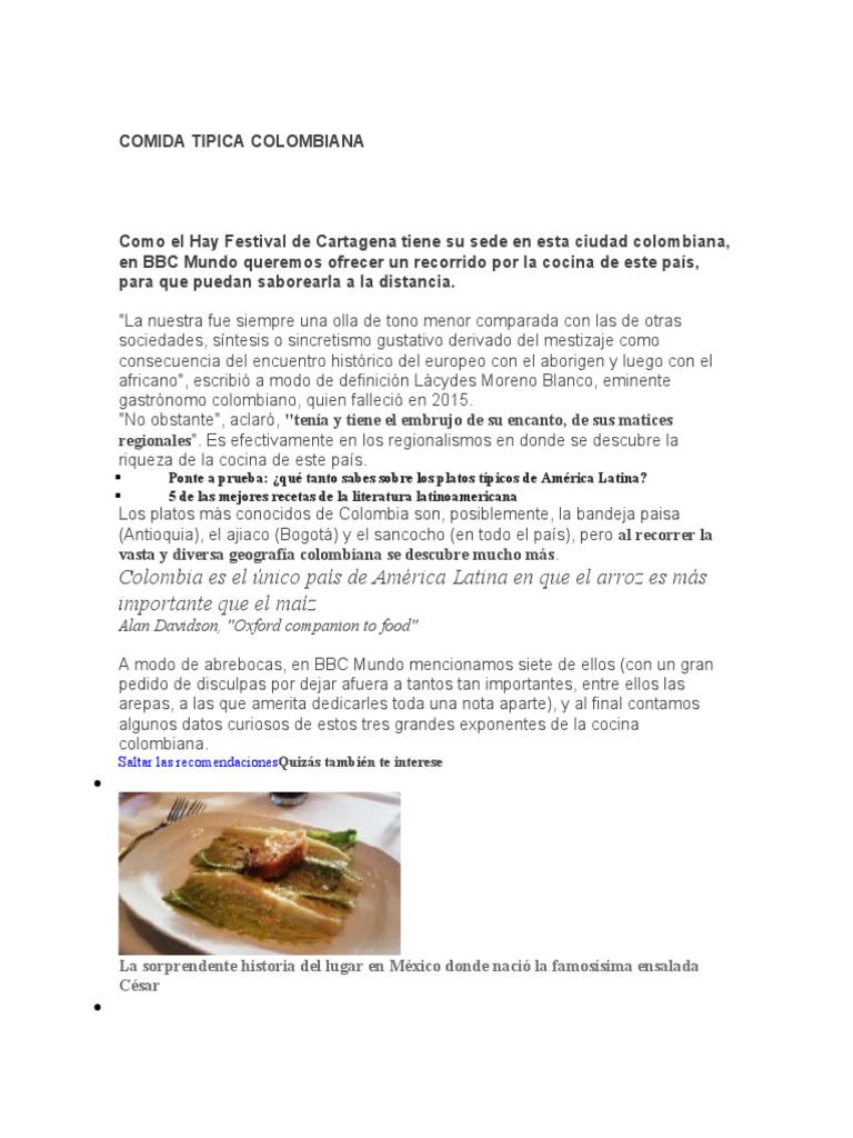 Comida Tipica Colombiana | PDF | Alimentos | Cocina