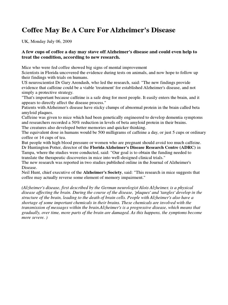 Coffee May Be A Cure For Alzheimer's Disease PDF Alzheimer's