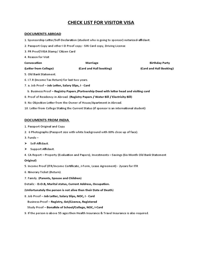 Visitor Visa Document Checklist | PDF