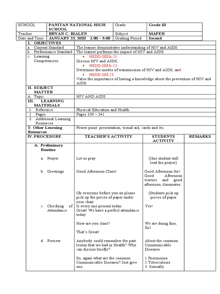 2ND Co Lesson Plan Hiv and Aids PDF Hiv/Aids Safe Sex