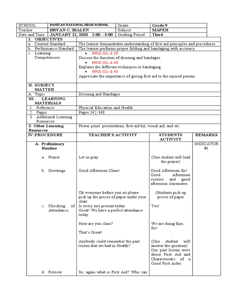 1ST Co Lesson Plan Dressing and Bandage PDF First Aid Clinical Medicine