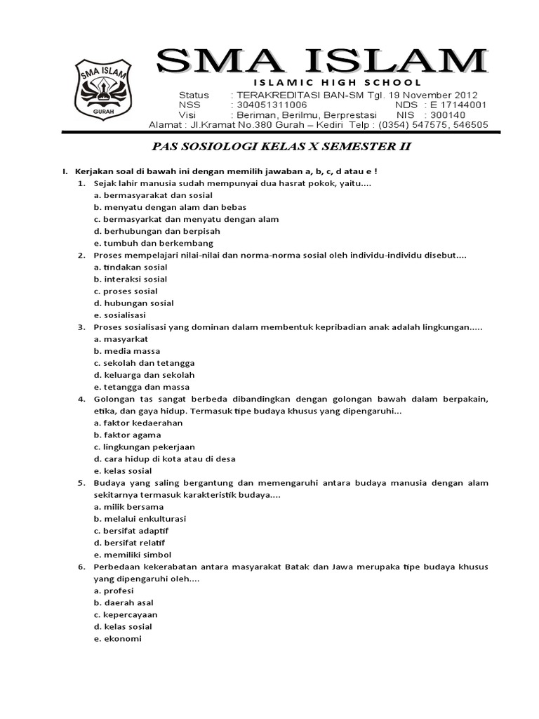 Pas Sosiologi Kelas X Semester Ii