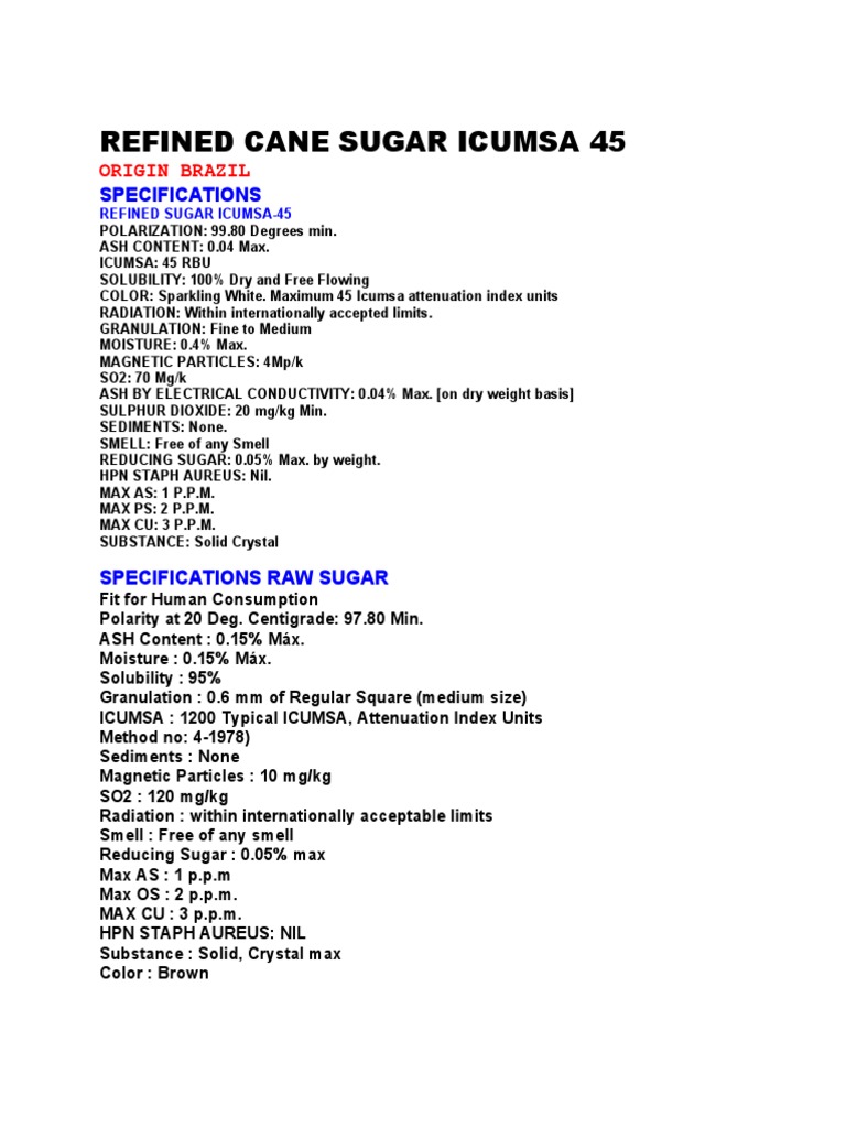 ICUMSA 45 Sugar Specifications Brazil | PDF | Cooking, Food & Wine
