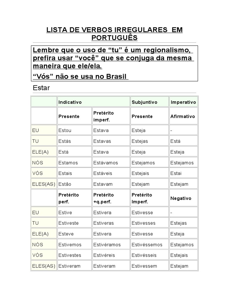 Lista de Verbos Irregulares em Português | PDF | Relaciones sintácticas |  Sintaxis