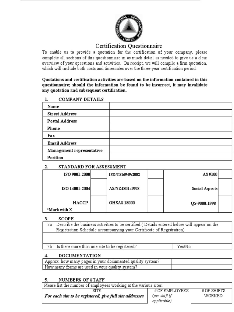 Certification Questionnaire For Each Site To Be Registered, Give Full