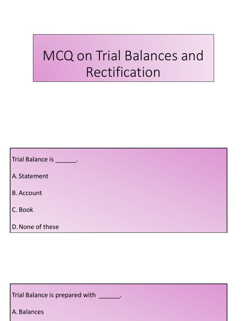 MCQ On Trial Balances and Rectification PDF Bookkeeping Overdraft