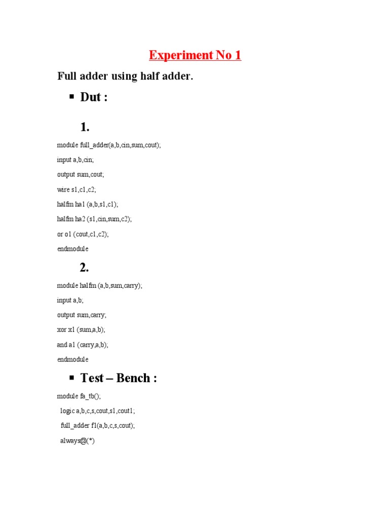 Experiment No 1: Full Adder Using Half Adder | PDF | Teaching Methods ...