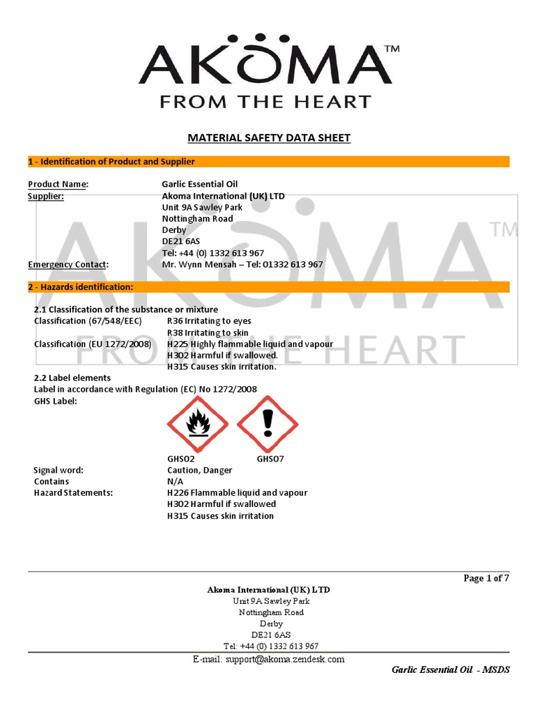Garlic Essential Oil Msds PDF Toxicity Safety