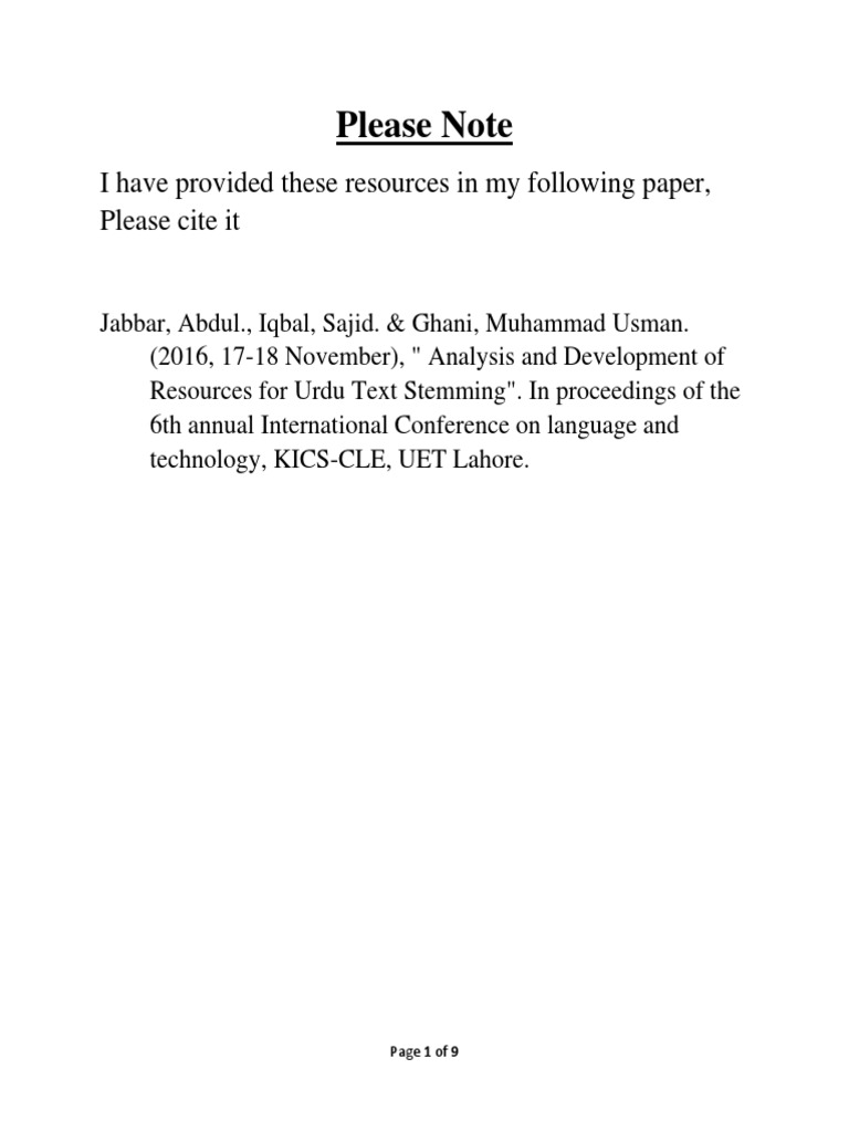 Urdu Stop Words List Version 1 PDF