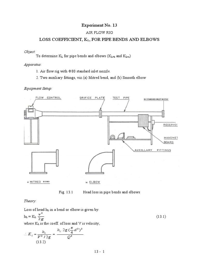 Experiment No. 13 Loss Coefficient, K, For Pipe Bends and Elbows PDF