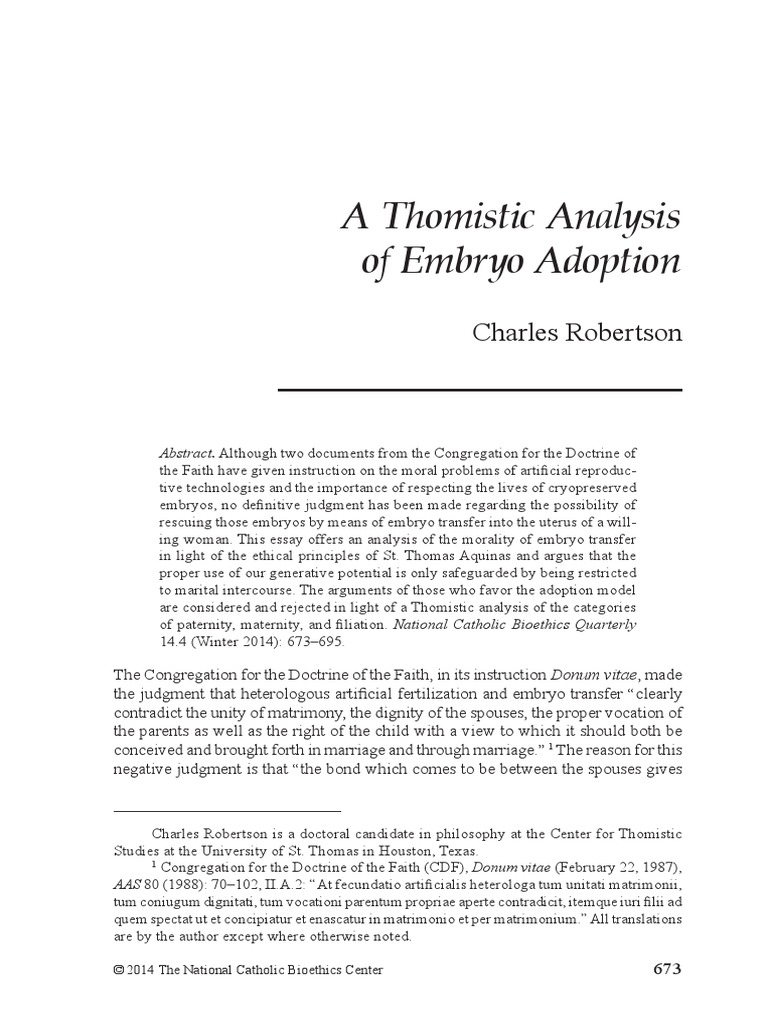 Thomistic Analysis of Embryo Adoption PDF Download Free PDF Thomas Aquinas Reason