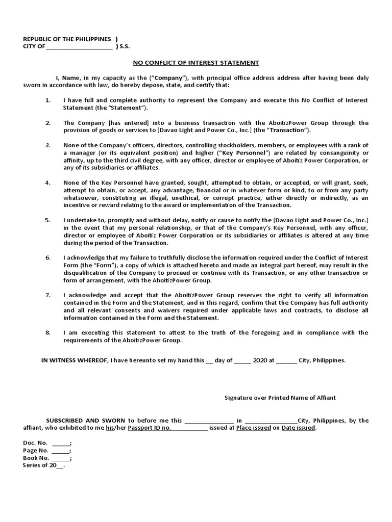 No Conflict of Interest Statement Template | PDF | Subsidiary ...