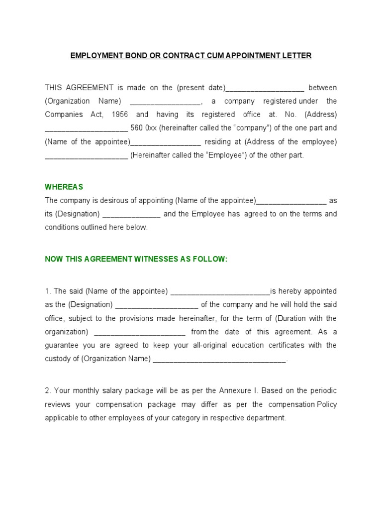 Employment Bond Or Contract Cum Appointment Letter Whereas