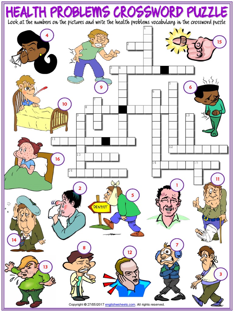 Health problems vocabulary esl crossword puzzle worksheet for kids ...