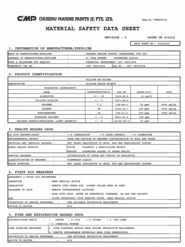 MSDS - Silicon HR Silver (24100100) (One Pack) Rev.4 PDF | PDF