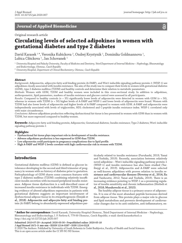 Circulating Levels of Selected Adipokines in Women | PDF | Gestational ...