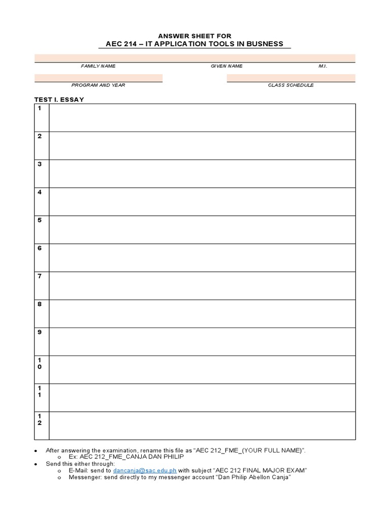 AEC 214 Exam Answer Sheet Instructions | PDF