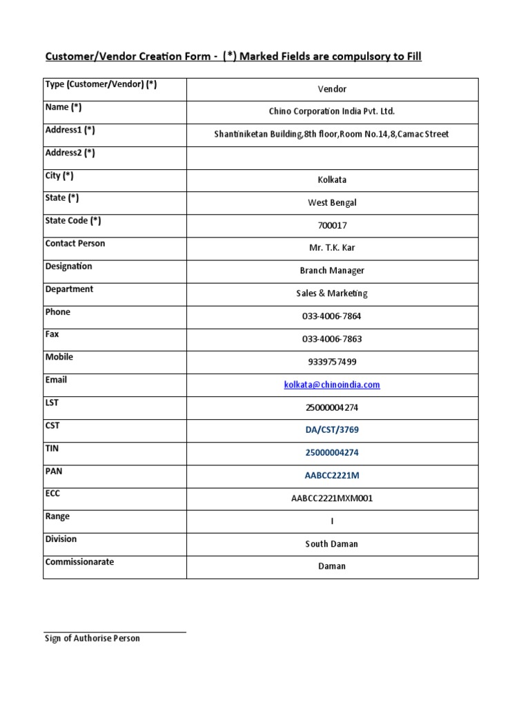 Vendor Creation Form Kiswok | PDF