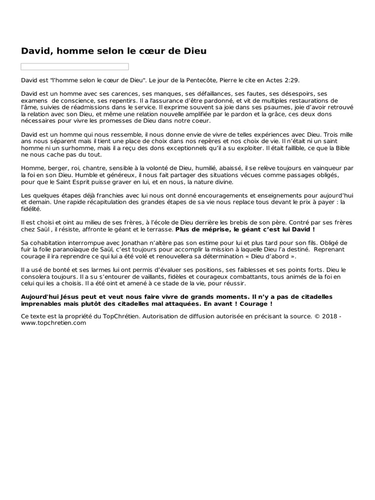David Homme Selon Le Cur De Dieu Pdf David Dieu