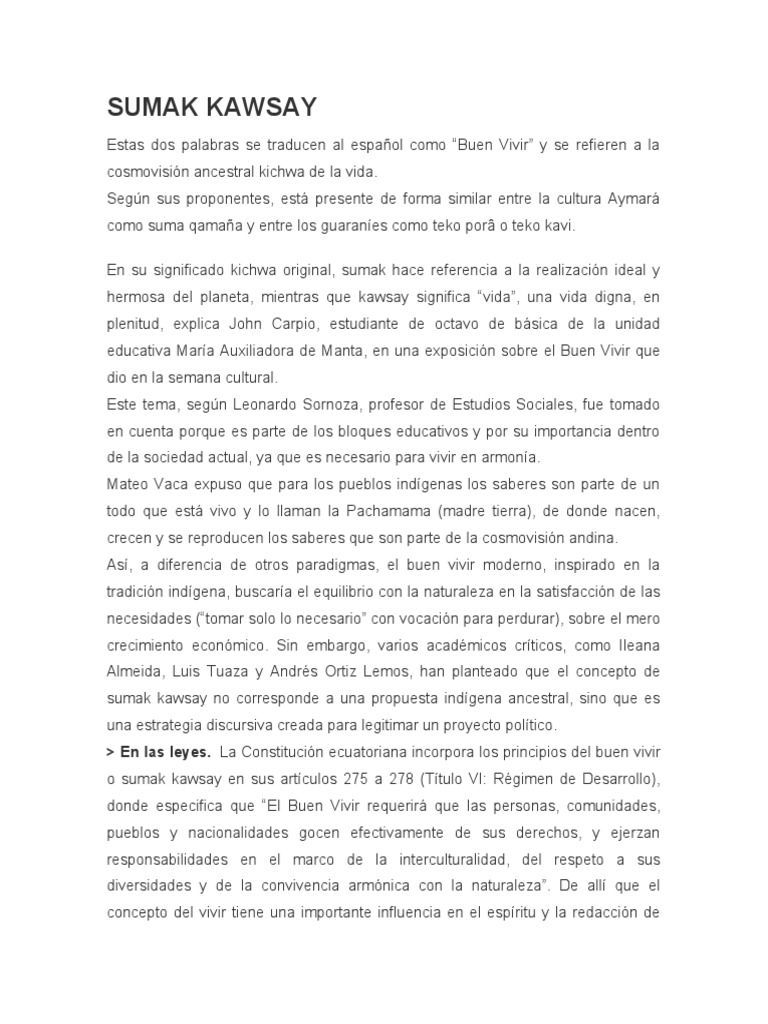 El concepto de Sumak Kawsay o Buen Vivir y su importancia en las