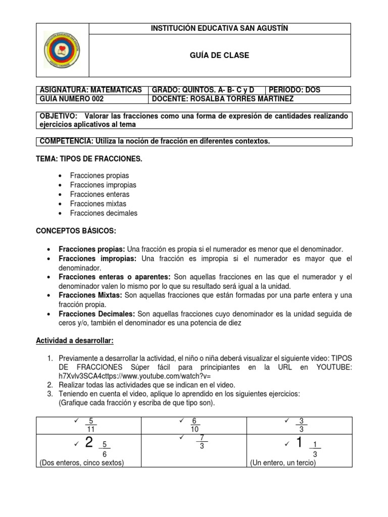 Tipos de Fracciones para Quinto Grado | PDF | Fracción (Matemáticas ...