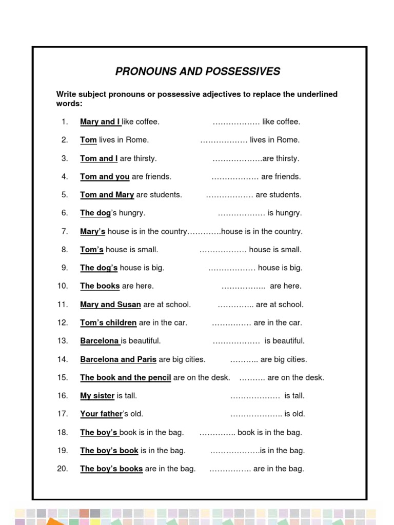 Pronouns and Possessives Practice | PDF | Language Arts & Discipline