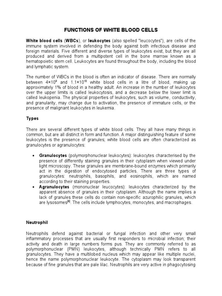 Functions and Types of White Blood Cells | PDF | Clinical Medicine ...