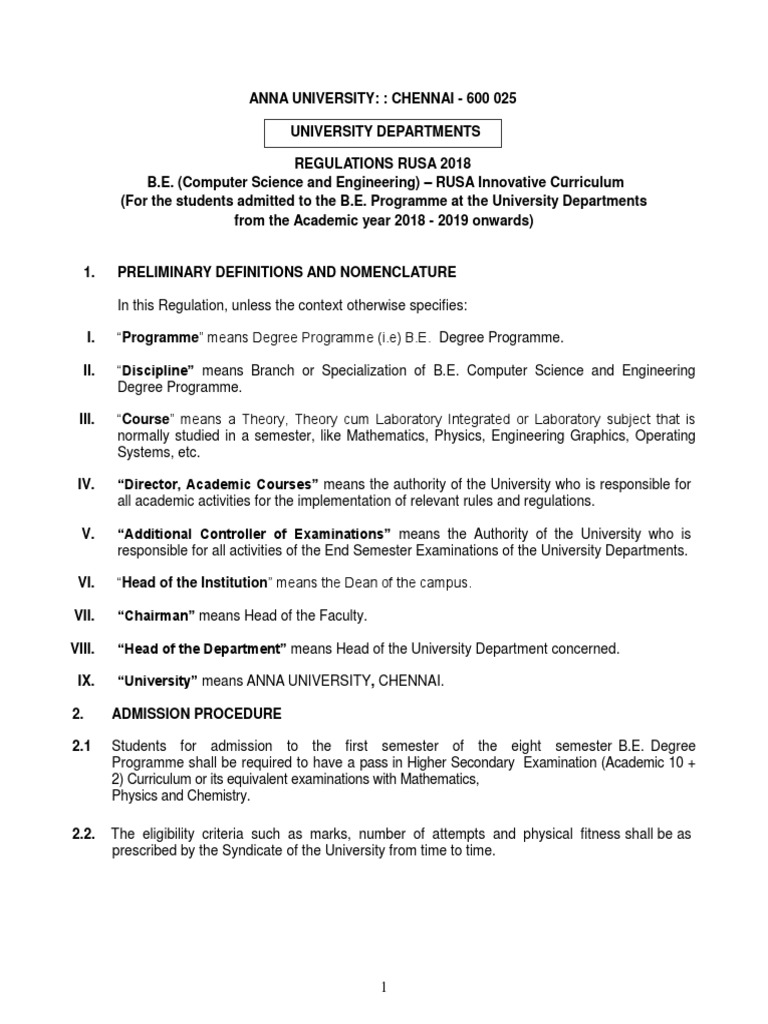 Anna University - B.E. CSE - RUSA Regulations | PDF | Academic Degree ...