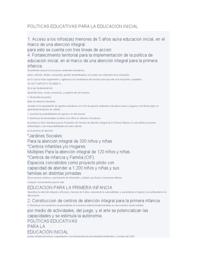 Políticas de Educación Inicial Integral | PDF | Educación de la primera ...