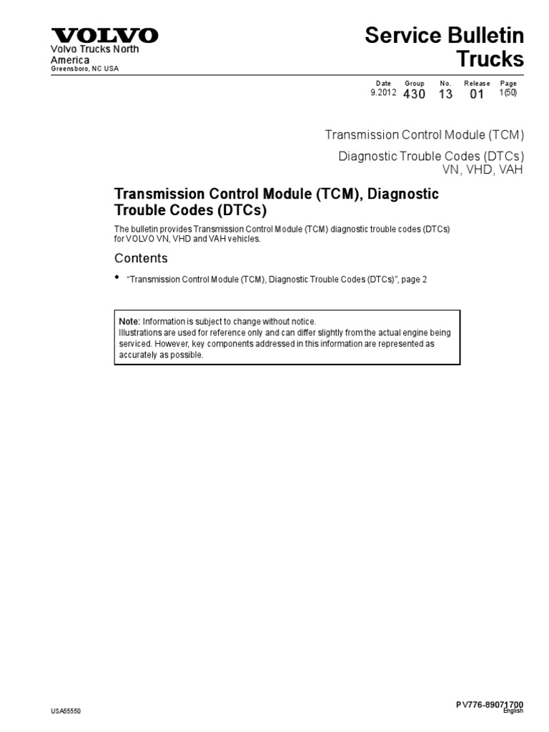 Volvo Transmission Control Module diagnostic trouble codes PDF