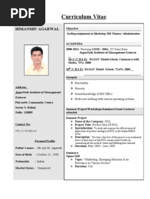 Resume Format BBA BCA