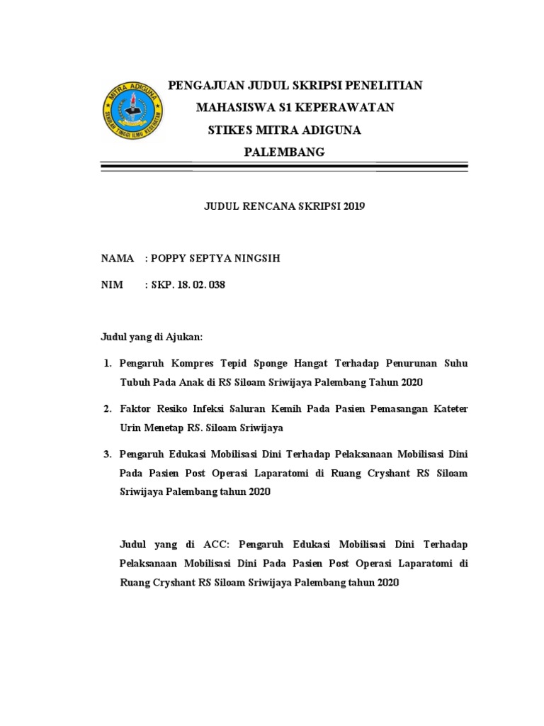 Pengajuan Judul Skripsi Penelitian Mahasiswa S1 Keperawatan Stikes Mitra Adiguna Palembang
