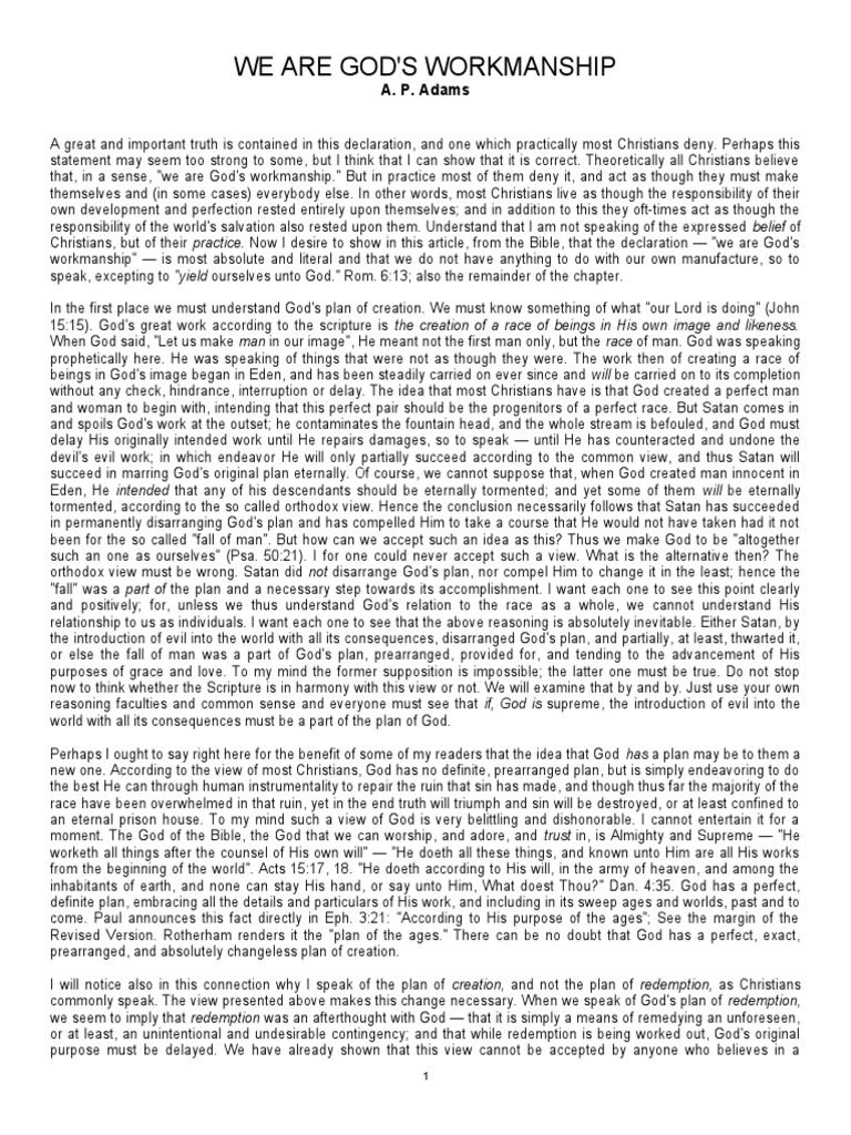 WE ARE GOD'S WORKMANSHIP (A. P. Adams) | PDF | God | Genesis Creation ...