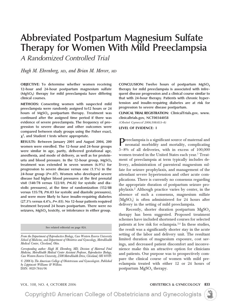 Abbreviated Postpartum Magnesium Sulfate Therapy.4 PDF Hypertension Blood Pressure
