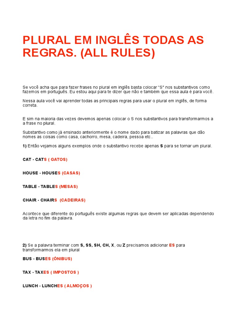 4 - Regras Do Plural em Inglês PDF | PDF | Plural | Sintaxe