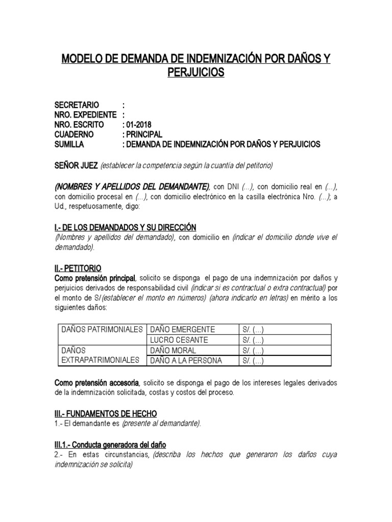 Modelo de Demanda de Indemnización Por Daños y Perjuicios | PDF | Intención  (Derecho Penal) | Conceptos legales