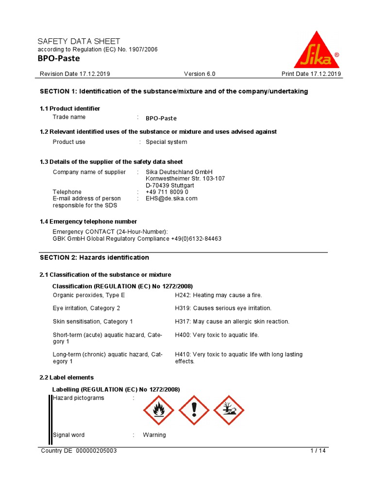 BPO-Paste: Safety Data Sheet | PDF | Toxicity | Volatile Organic Compound