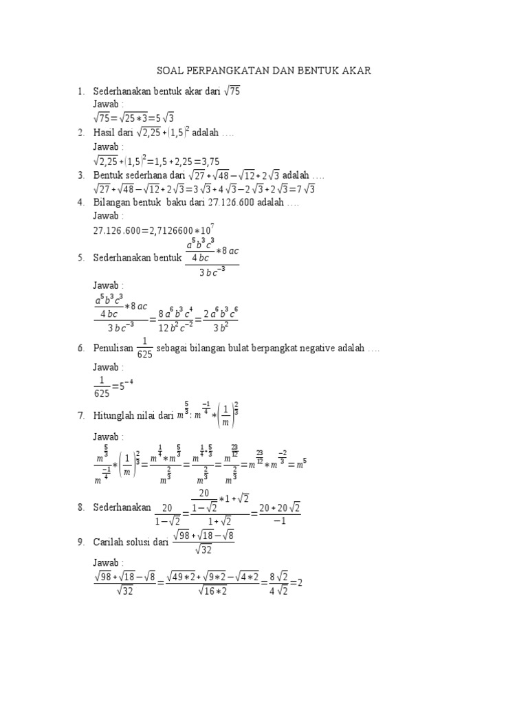 Soal Perpangkatan Dan Bentuk Akar