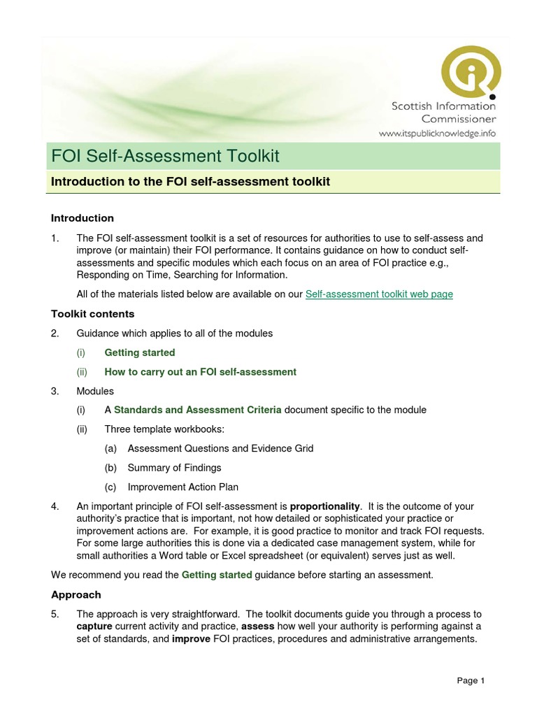 FOI Self-Assessment Toolkit Guide | PDF | Cognition | Business