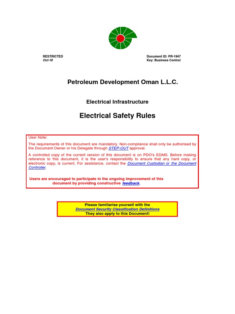 Electrical Safety Rules Petroleum Development Oman L.L.C Download Free PDF High Voltage