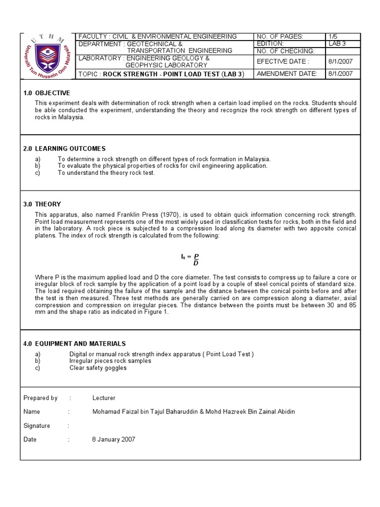 Point Load Test Lab Report | PDF | Strength Of Materials | Experiment