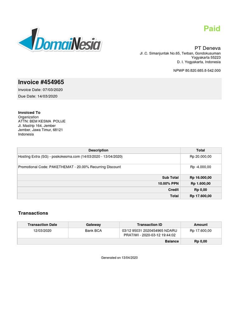 Invoice #454965 for Hosting Services | PDF | Accounting | Financial ...