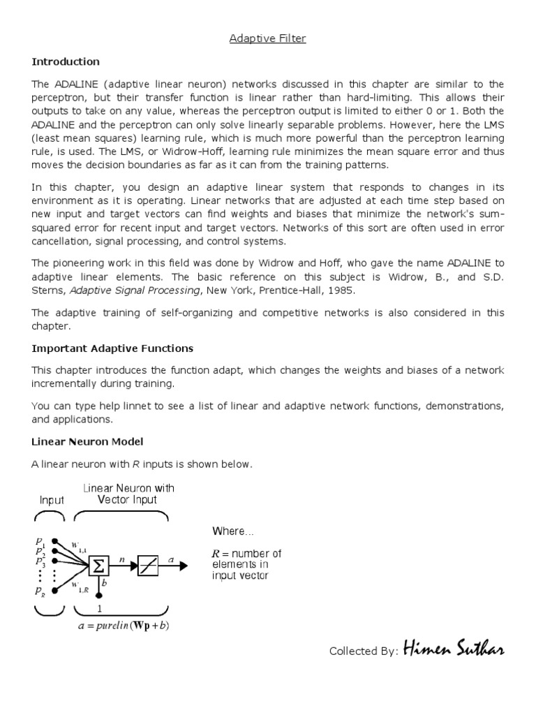 ADALINE Adaptive Filter Overview | PDF | Filter (Signal Processing ...