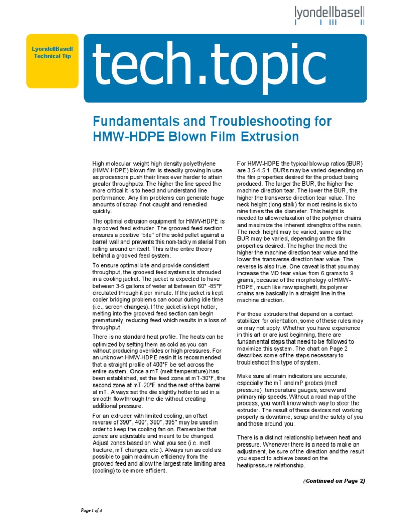 Tech Topic Fundamentals and Troubleshooting For HMWHDPE Blown Film