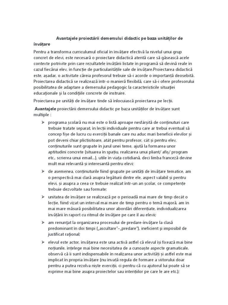 Avantajele ProiectÄrii Demersului Didactic Pe Baza UnitÄÅ£ilor De InvÄÈare