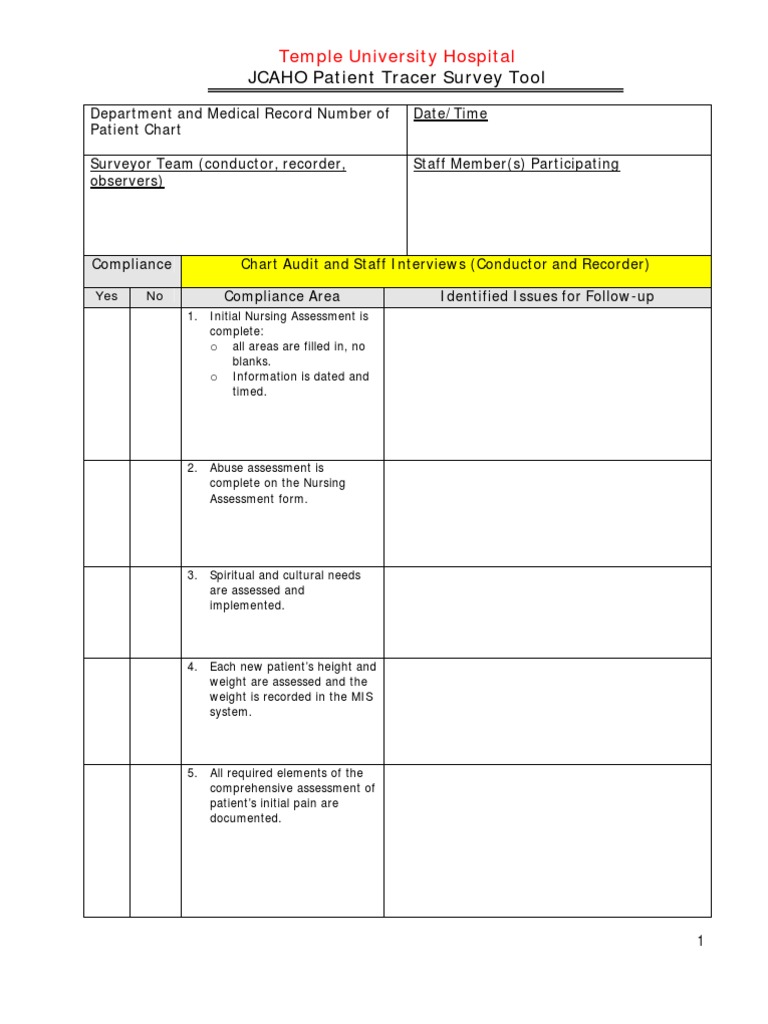 JCAHO Patient Tracer Survey Tool PDF Joint Commission Patient