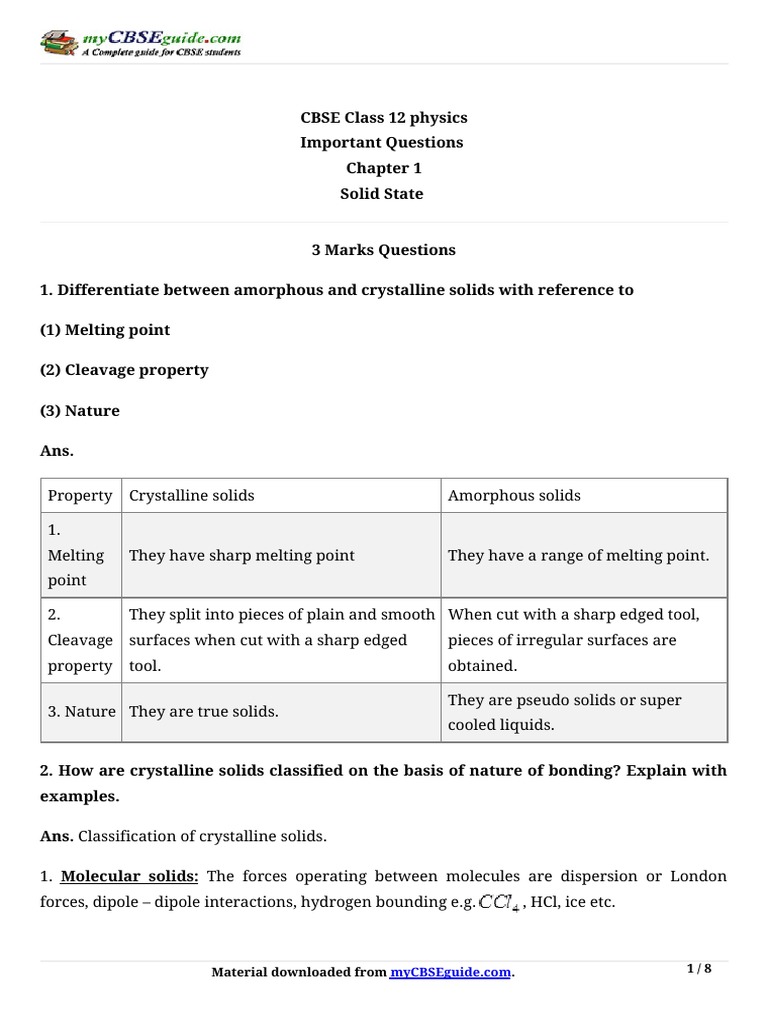 Important Questions on Solid State Chemistry | PDF | Crystal Structure ...