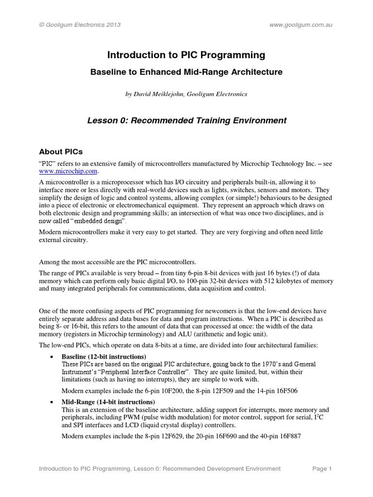Introduction To PIC Programming Baseline To Enhanced MidRange Architecture PDF Pic